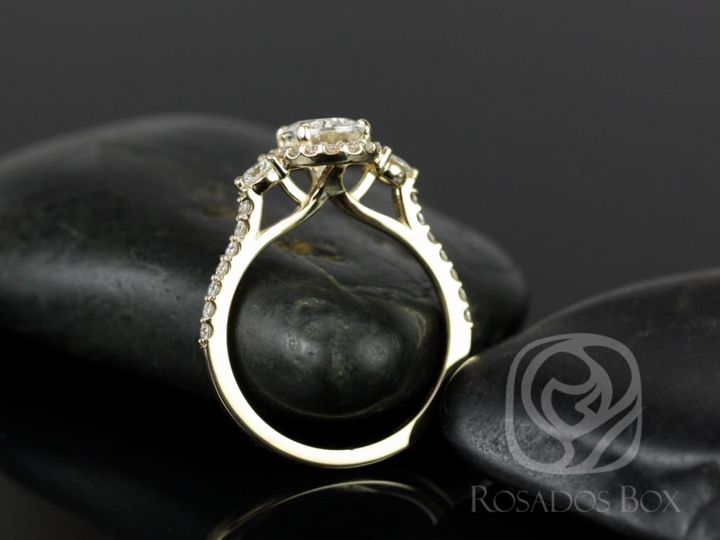 1.50ct Natalia 8x6mm 14kt Yellow Gold Oval Moissanite Diamond Three Stone Halo Ring by Rosados Box