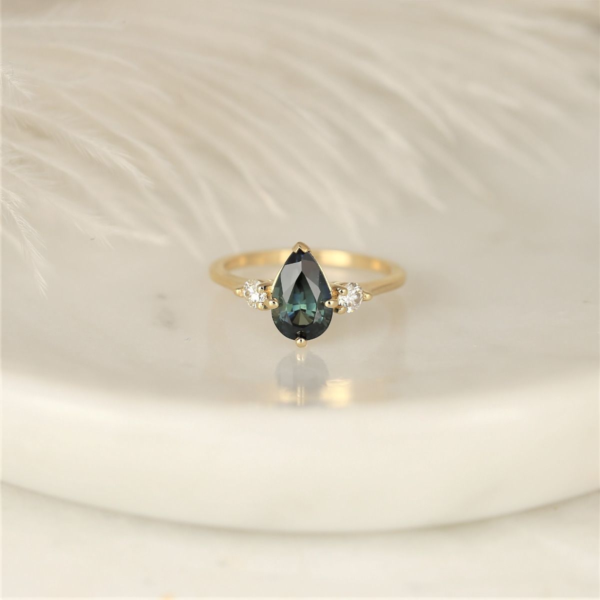 2.17ct Ready to Ship Greta 14kt Solid Gold Ocean Teal Sapphire Diamond Minimalist 3 Stone Pear Engagement Ring 