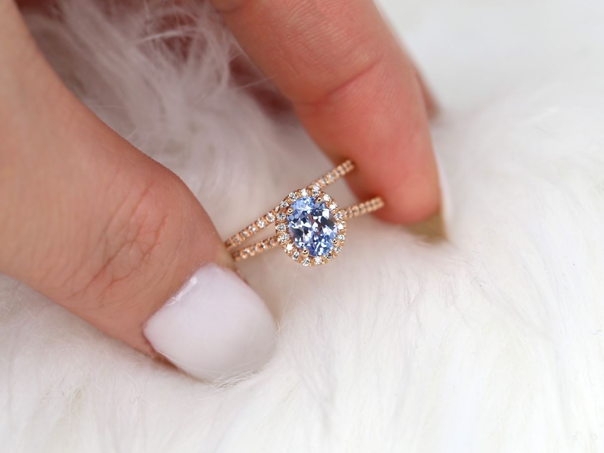 1.07ct Ready to Ship Rebecca 14kt Rose Gold Icy Blue Sapphire Diamonds Oval Halo Bridal Set by Rosados Box