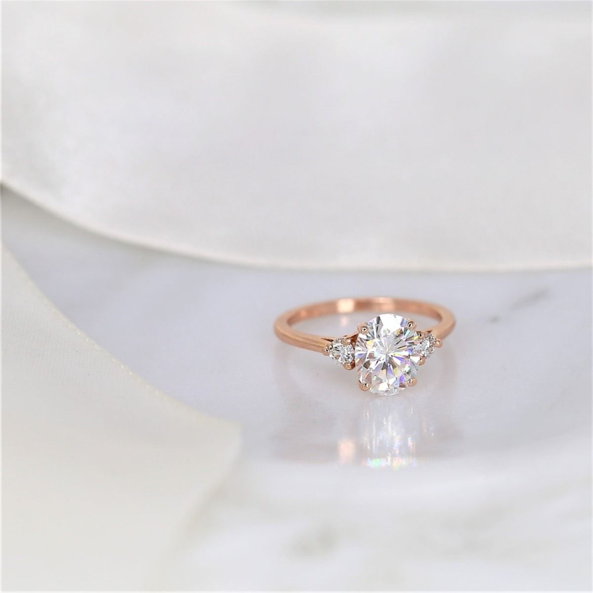 2ct Gloria 9x7mm 14kt Rose Gold Oval Moissanite and Diamonds Three Stone Ring by Rosados Box 