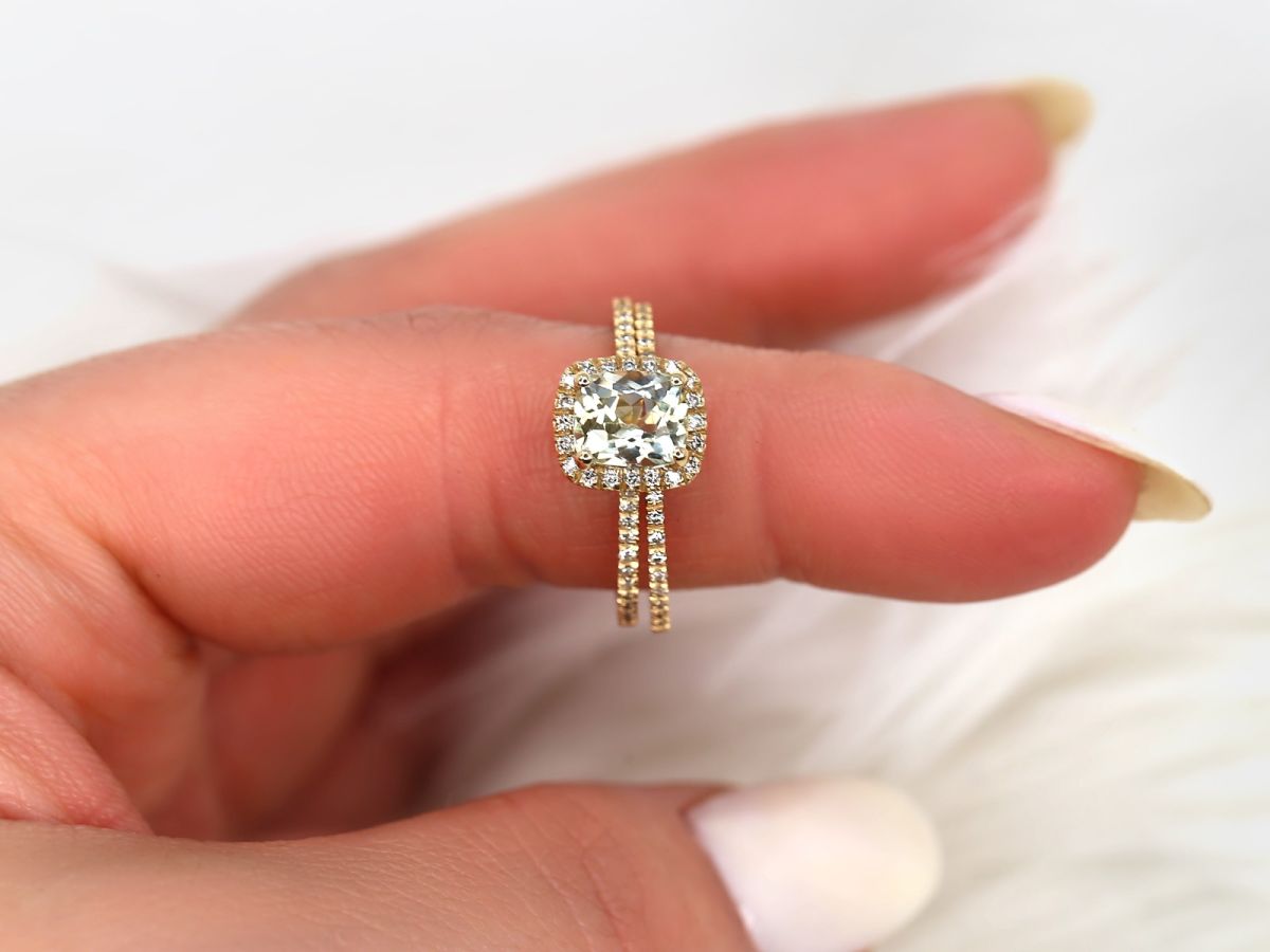 1.56ct Ready to Ship Romani 14kt Yellow Gold Champagne Yellow Sapphire and Diamonds Cushion Halo Classic Bridal Set by Rosados Box