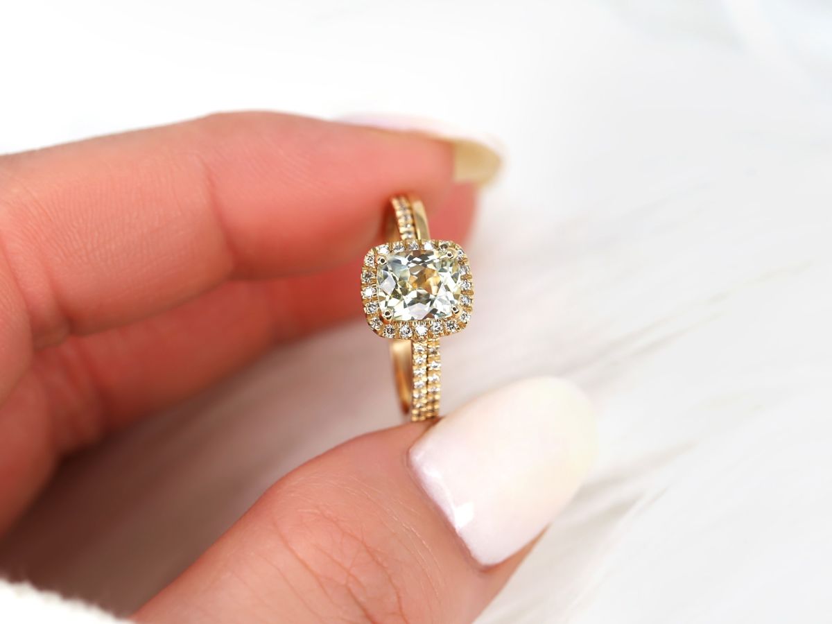 1.56ct Ready to Ship Romani 14kt Yellow Gold Champagne Yellow Sapphire and Diamonds Cushion Halo Classic Bridal Set by Rosados Box
