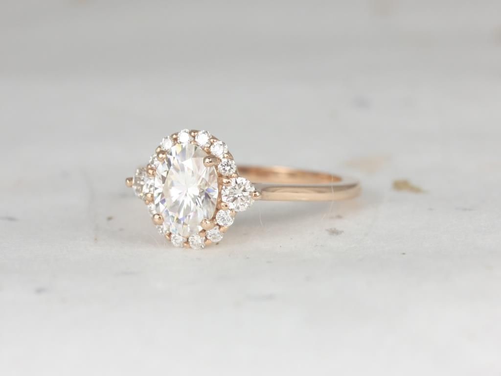1.50ct Ready to Ship Britney 8x6mm 14kt WHITE Gold Moissanite Diamonds Halo Ring by Rosados Box