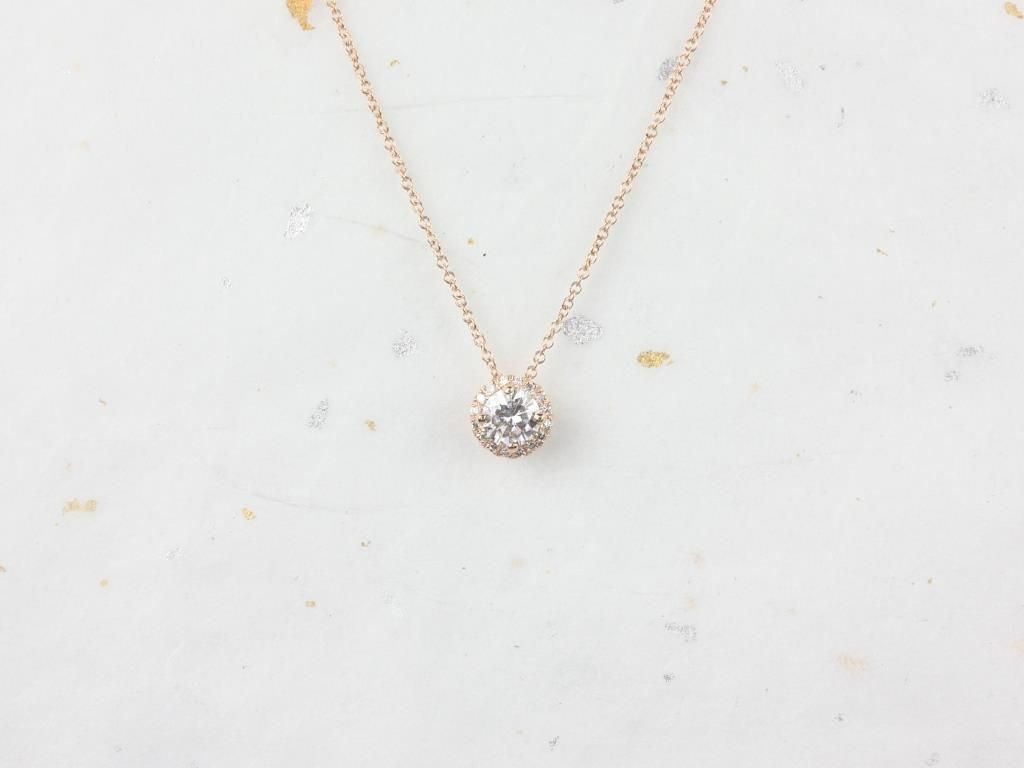 Rosados Box Gemma 5mm 14kt Rose Gold Round F1- Moissanite and Diamonds Halo Floating Necklace