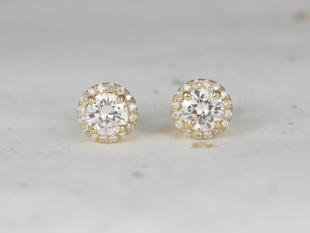Rosados Box Gemma 5mm 14kt Yellow Gold Round F1- Moissanite and Diamonds Halo Stud Earrings