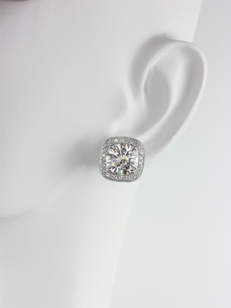Rheine 14kt White Gold Moissanite Diamonds Milgrain Cushion Halo Stud Earrings by Rosados Box
