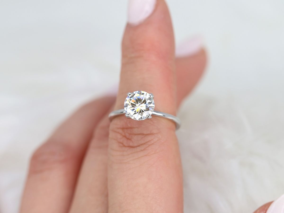 2ct Sandra 8mm 14kt Gold Moissanite Diamond Round Hidden Halo Solitaire Ring by Rosados Box