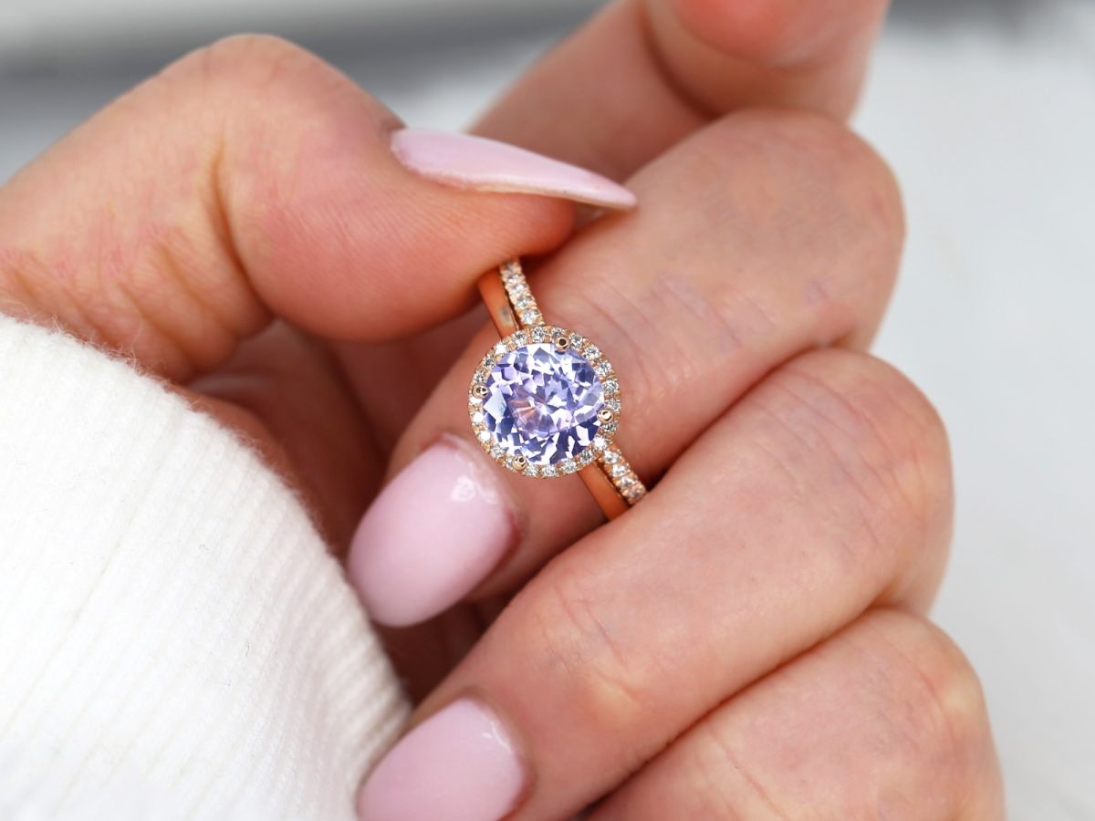 2.43ct Ready to Ship Shannon 14kt Rose Gold Grape Purple Sapphire Diamonds Round Halo Bridal Set by Rosados Box