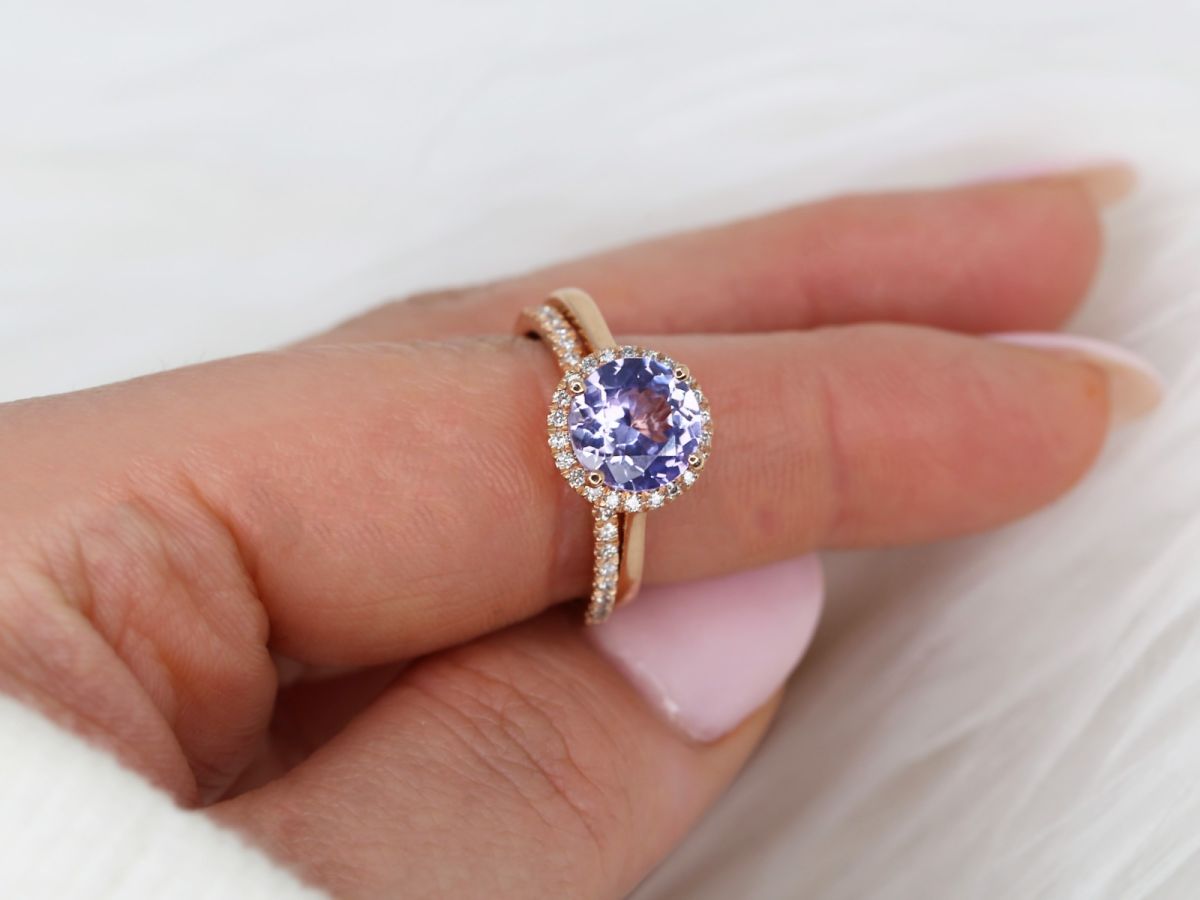 2.43ct Ready to Ship Shannon 14kt Rose Gold Grape Purple Sapphire Diamonds Round Halo Bridal Set by Rosados Box