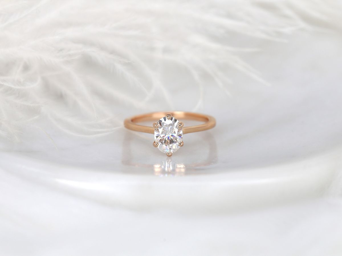 Rosados Box Skinny Lexus 8x6mm 14kt Rose Gold Oval Moissanite Tulip Six-Prong Cathedral Solitaire Engagement Ring