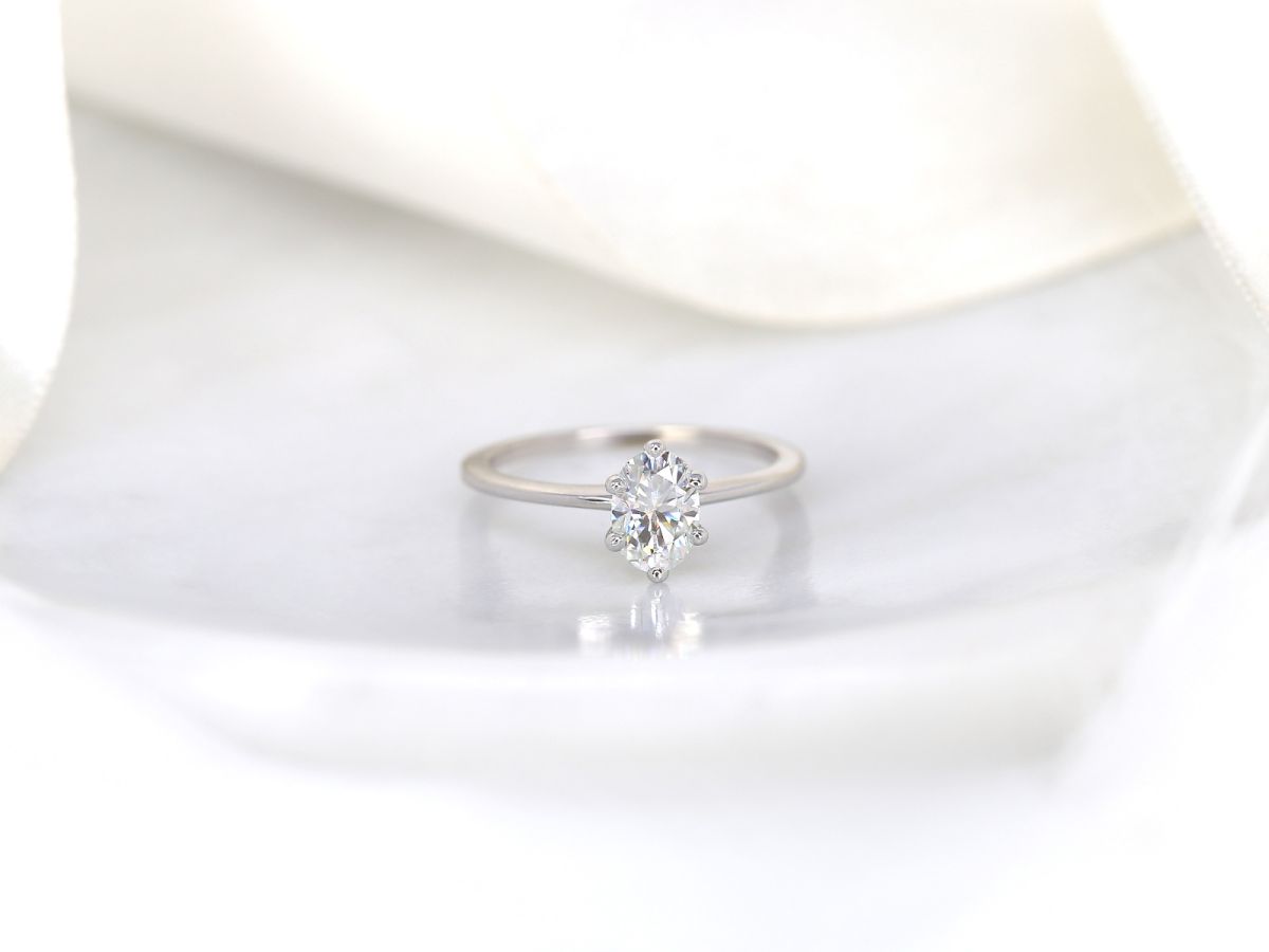 Rosados Box Skinny Rhea 7x5mm 14kt Gold Oval Moissanite 6 Prong Tulip Solitaire Engagement Ring