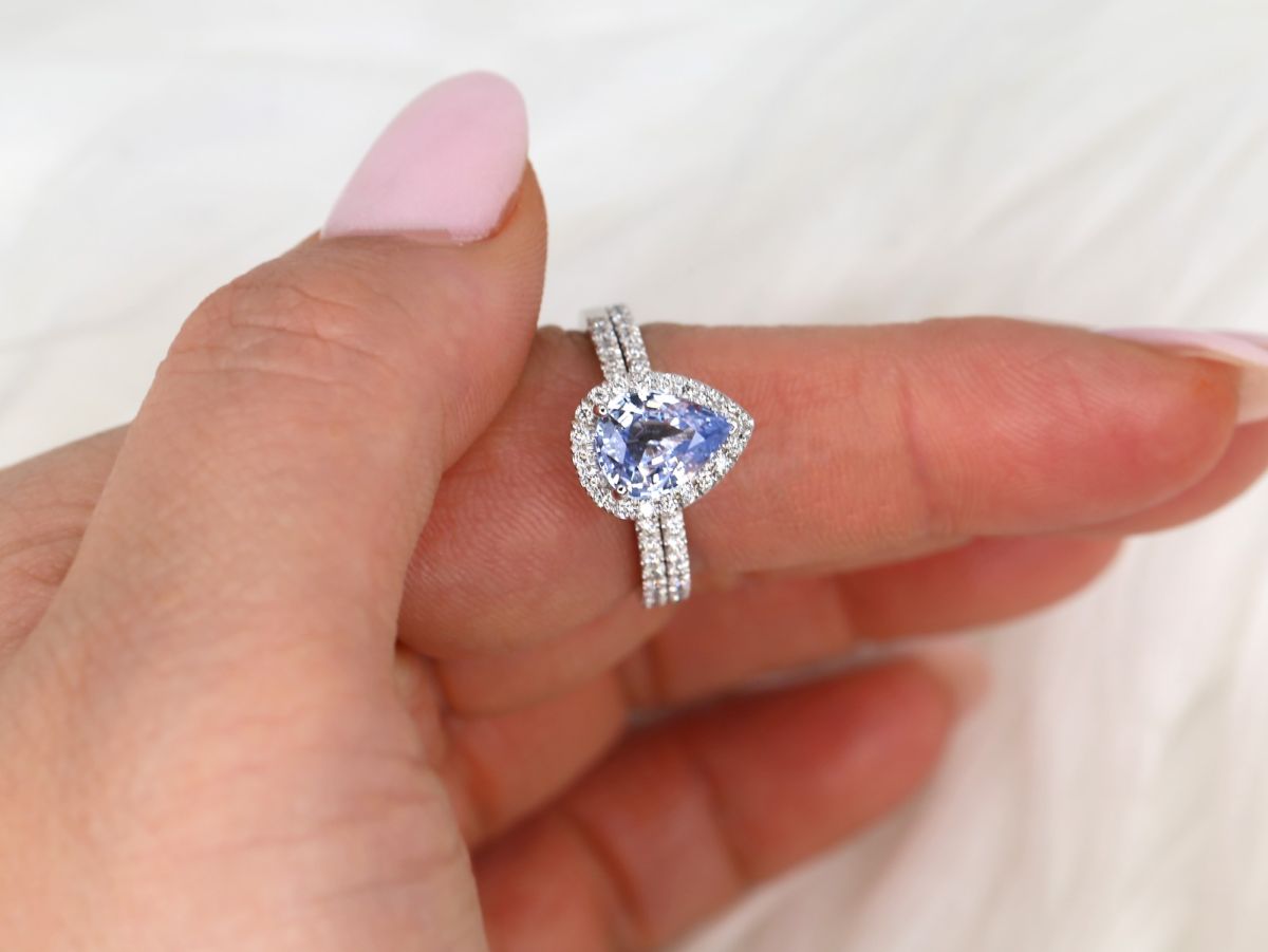 2.04ct Ready to Ship Toni 14kt White Gold Icy Blue Sapphire and Diamonds Pear Halo Bridal Set by Rosados Box