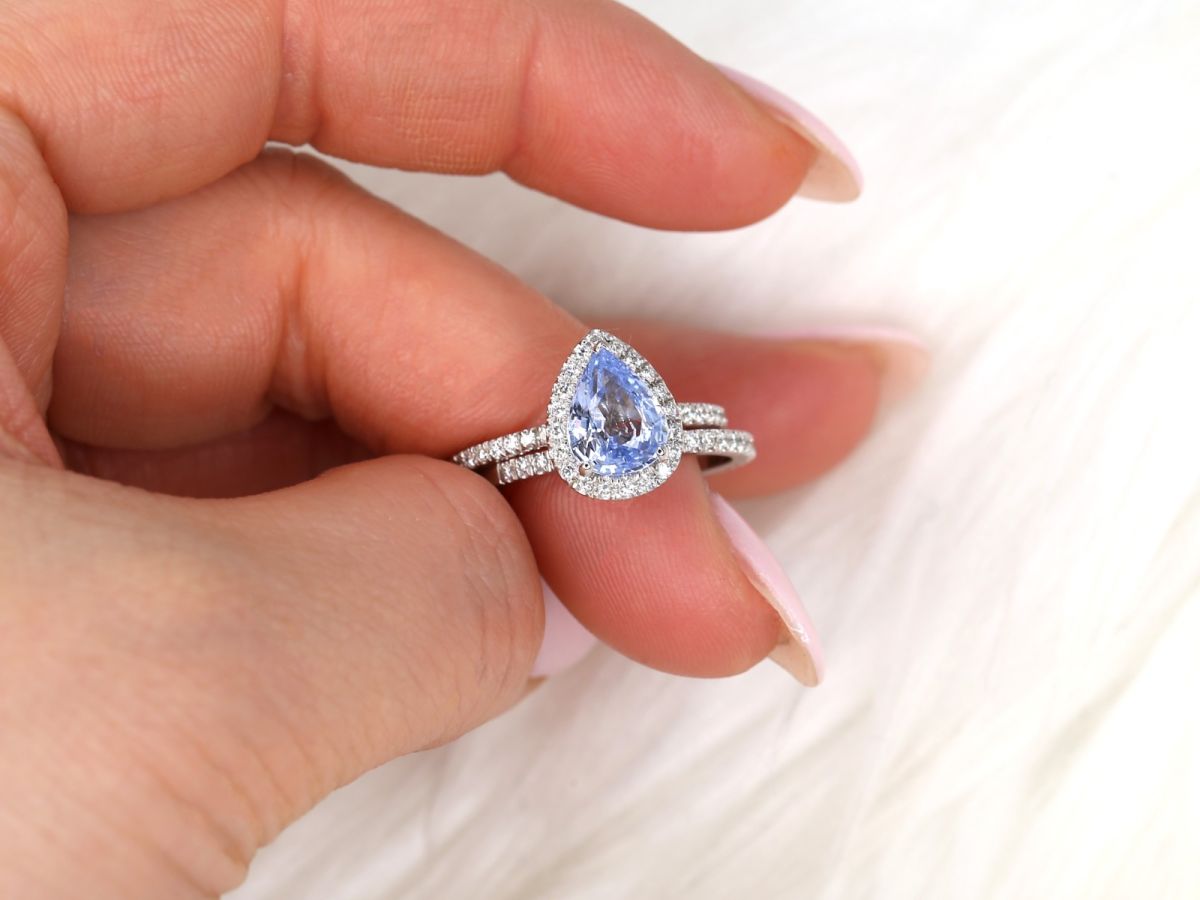 2.04ct Ready to Ship Toni 14kt White Gold Icy Blue Sapphire and Diamonds Pear Halo Bridal Set by Rosados Box